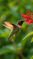 Ruby-throated hummingbird feeding on red tubular flowers in natural garden setting with vibrant green foliage background for wildlife photography.