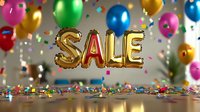 Gold foil balloon letters spelling SALE with colorful party balloons and scattered confetti on blurred background, festive shopping promotion atmosphere.
