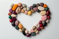 Colorful smooth pebbles and stones arranged in heart shape on white background, natural zen elements for spa, wellness and meditation concept.