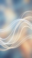 Smooth flowing waves of translucent ribbons in soft white and cream tones drift across a blurred blue and peach gradient background, creating an elegant, ethereal motion effect suitable for modern design projects.