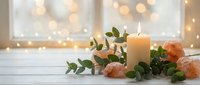 Romantic candle arrangement with peach roses and eucalyptus on white wooden surface with warm bokeh lights creating cozy atmosphere for spa relaxation.