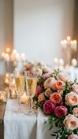Elegant wedding reception table with champagne flutes and pink rose bouquet surrounded by warm candlelight for romantic celebration and special events.