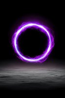 Glowing purple energy ring floating over dark lunar surface, with electric plasma effects creating mystical atmosphere against black background.