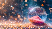 Magical snow globe with pink crystal inside on glittery surface against dark background with golden bokeh lights and sparkles creating dreamy atmosphere.
