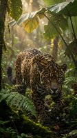 Powerful jaguar prowling through dense tropical rainforest with dappled sunlight filtering through lush green canopy and ferns creating natural wildlife habitat.