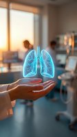 Glowing blue lungs hologram floating above open hands in modern medical office with healthcare professionals in background for respiratory health concepts.