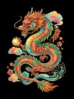 Colorful Asian dragon with flowing mane, scaled body in red and gold, surrounded by decorative clouds and floral elements. Isolated on transparent background, ready for t-shirts, stickers, clipart, and print-on-demand designs.