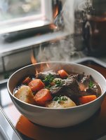 Steaming hot beef stew with tender meat chunks, carrots, potatoes and fresh herbs in white ceramic bowl, natural window lighting creates cozy atmosphere.