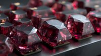 Close-up of deep red ruby gemstones with faceted cuts arranged on dark surface, showcasing luxury jewelry elements with rich color and brilliant reflections.