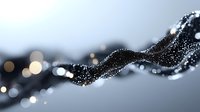 Flowing wave of glittering black particles with bokeh light effects on gray background, creating dynamic motion and elegant abstract composition for luxury designs.