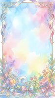 Pastel watercolor frame with floral and bow decorations, ornate golden border, soft rainbow tones, copy space for greeting cards and invitations.