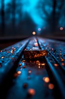 Dramatic close-up of wet railroad tracks at night with glowing orange bokeh lights and water droplets reflecting against dark blue moody atmosphere.
