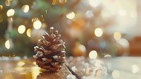 Pine cone on wooden surface with magical golden bokeh lights in background creating festive holiday atmosphere, soft focus nature photography with warm tones.