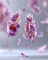 Floating pink and purple flower petals forming abstract lung shapes against soft gray background, symbolizing breath and wellness in healthcare concept art.