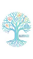 Colorful outline tree with medical icons, DNA, heart, pills, and hospital, symbolizing AI health innovation on white background.