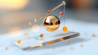 Floating golden sphere with colorful orbiting particles suspended above reflective surface creates futuristic composition with soft bokeh background effect.