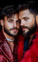 Two bearded men in glamorous evening attire pose intimately against dark background. One wears red sequins and crystal choker, other in red fur. Dramatic portrait lighting.