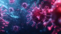 Microscopic view of virus cell with spike proteins floating in blue and pink atmospheric environment, scientific medical visualization for healthcare concepts.