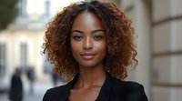 Young African American businesswoman with curly brown hair and radiant smile wearing black blazer, professional headshot portrait against blurred urban background.