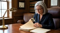 Senior Caucasian businesswoman in navy suit examining legal documents with magnifying glass at wooden desk in classic law office.