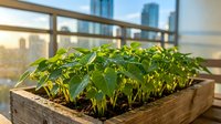 Urban rooftop garden with seedlings in wooden planter box overlooking city skyline during golden hour sunlight, sustainable living and green space concept.