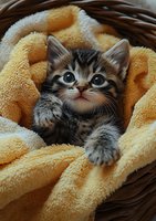 Adorable tabby kitten with bright blue eyes wrapped in soft yellow towel inside wicker basket, looking up with innocent expression. Pet care and comfort concept.