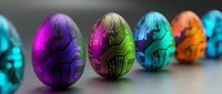 Colorful futuristic eggs with electronic circuit patterns in vibrant neon colors arranged in row on modern surface for technology and innovation concepts.