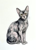 Tabby cat sitting with alert expression, watercolor style illustration on white background, suitable for pet-related designs and artwork.