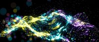 Abstract flowing energy waves with neon yellow, cyan, and purple light trails on dark background. Glowing particles and bokeh create dynamic motion effect for digital design projects.