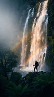 Adventurous hiker silhouette standing before majestic rainbow waterfall in lush tropical rainforest with misty spray and dramatic lighting for travel content.