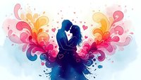 Romantic couple silhouette embracing surrounded by colorful swirls, hearts and decorative elements on light background for love themed designs.