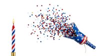 Isolated hand wearing patriotic glove blowing red, white and blue stars from party popper on white background. Festive decoration for Independence Day, Fourth of July, Memorial Day celebrations.