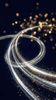 Glowing light trails and golden bokeh particles swirl in dynamic motion against a dark navy background, creating an abstract energy effect suitable for technology, innovation, and digital transformation concepts.