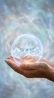 Male hand holding glowing crystal sphere containing digital cityscape with skyscrapers and data visualization, representing smart city technology, urban innovation, and future business solutions.
