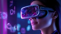 Young Asian woman wearing VR headset exploring virtual reality with digital interface elements and neon lighting in futuristic tech environment.