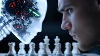 Man facing robotic opponent across chess board in dramatic lighting, artificial intelligence concept showing human versus machine competition in strategic gameplay.