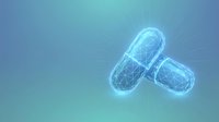 Digital wireframe capsule pills with glowing light rays on blue gradient background for medical technology and pharmaceutical innovation concepts.