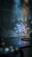 Glowing holographic technology symbols float in moody industrial warehouse with blue and amber atmospheric lighting, representing digital innovation, data science, and future tech concepts.