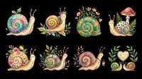 Colorful snails with botanical elements isolated on transparent background, ready for t-shirt design, clipart, stickers, sublimation, and print-on-demand projects.