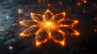Glowing orange flower shape with magical light effects on dark textured background, sparkling particles and luminous energy pattern creating mystical atmosphere.