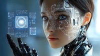 Female cyborg with glowing circuit patterns on face gazes at holographic interface display against blue tech background. Futuristic artificial intelligence concept.