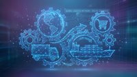 Digital supply chain network with interconnected gears showing global logistics, delivery truck, shopping cart and warehouse icons on futuristic blue background.