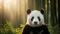 Giant panda bear sitting peacefully in bamboo forest with golden sunlight filtering through trees creating warm atmospheric lighting for wildlife photography.