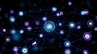 Digital network connections with glowing hexagonal icons and light particles on dark blue background for technology and communication concepts.