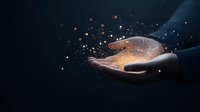 Glowing magical sparkles and particles floating above cupped hands against dark background, creating mystical atmospheric effect with golden light and bokeh.