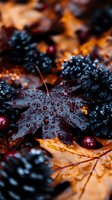 Dark burgundy maple leaf covered in morning dew drops against moody autumn background with fallen leaves and berries, creating dramatic natural macro photography.