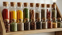 Wooden spice rack with glass jars containing colorful herbs, spices and seasonings with cork lids for kitchen organization and culinary cooking preparation.