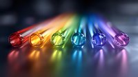Glowing glass tubes in rainbow colors on dark background with light reflections create vibrant spectrum display. Suitable for science and technology concepts.