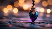 Ornate oriental pendant with turquoise and purple glass against blurred golden bokeh background creates magical atmosphere for festive decoration and design.