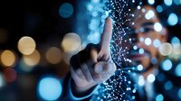 Finger touching digital network connection with glowing dots and lines against blurred bokeh lights background, representing future technology and innovation.